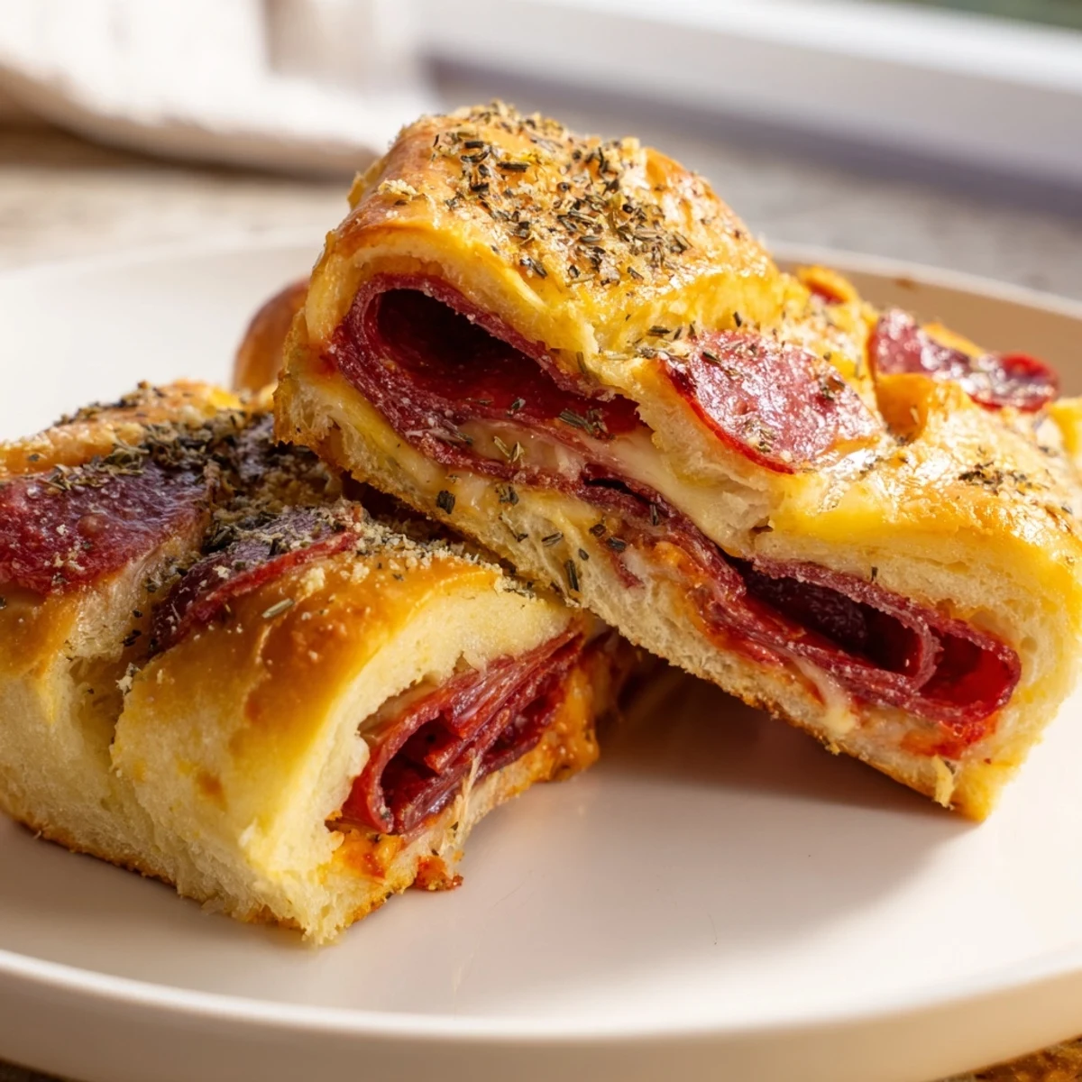 Freshly baked Pizza Rolls with Beef Pepperoni and Cheese are arranged on a parchment-lined tray, ready for a game day snack platter.