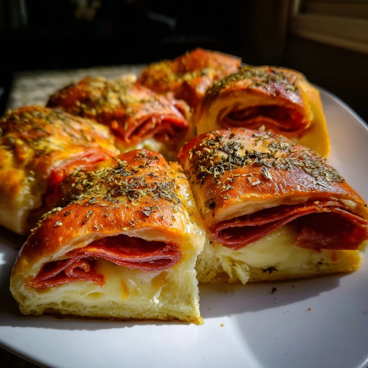Savory Pizza Rolls with Beef Pepperoni and Cheese are served warm with a small dish of red pizza sauce for dipping.