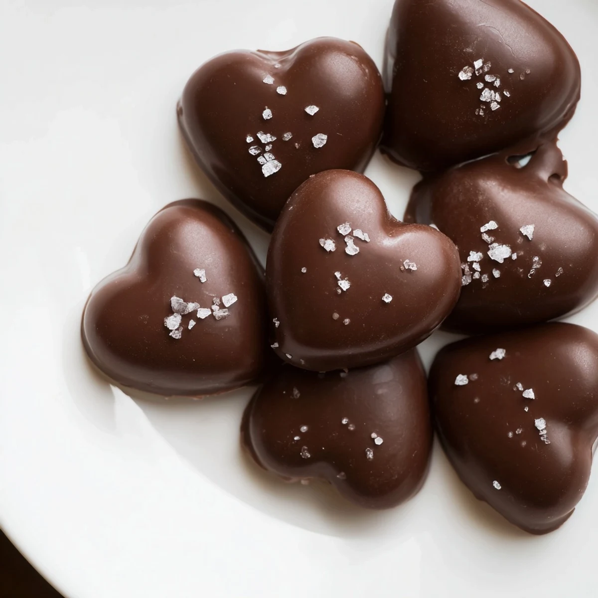 Golden Chocolate Peanut Butter Hearts with Sea Salt glisten on a cooling rack, their glossy coating catching the light beside scattered peanut crumbs.