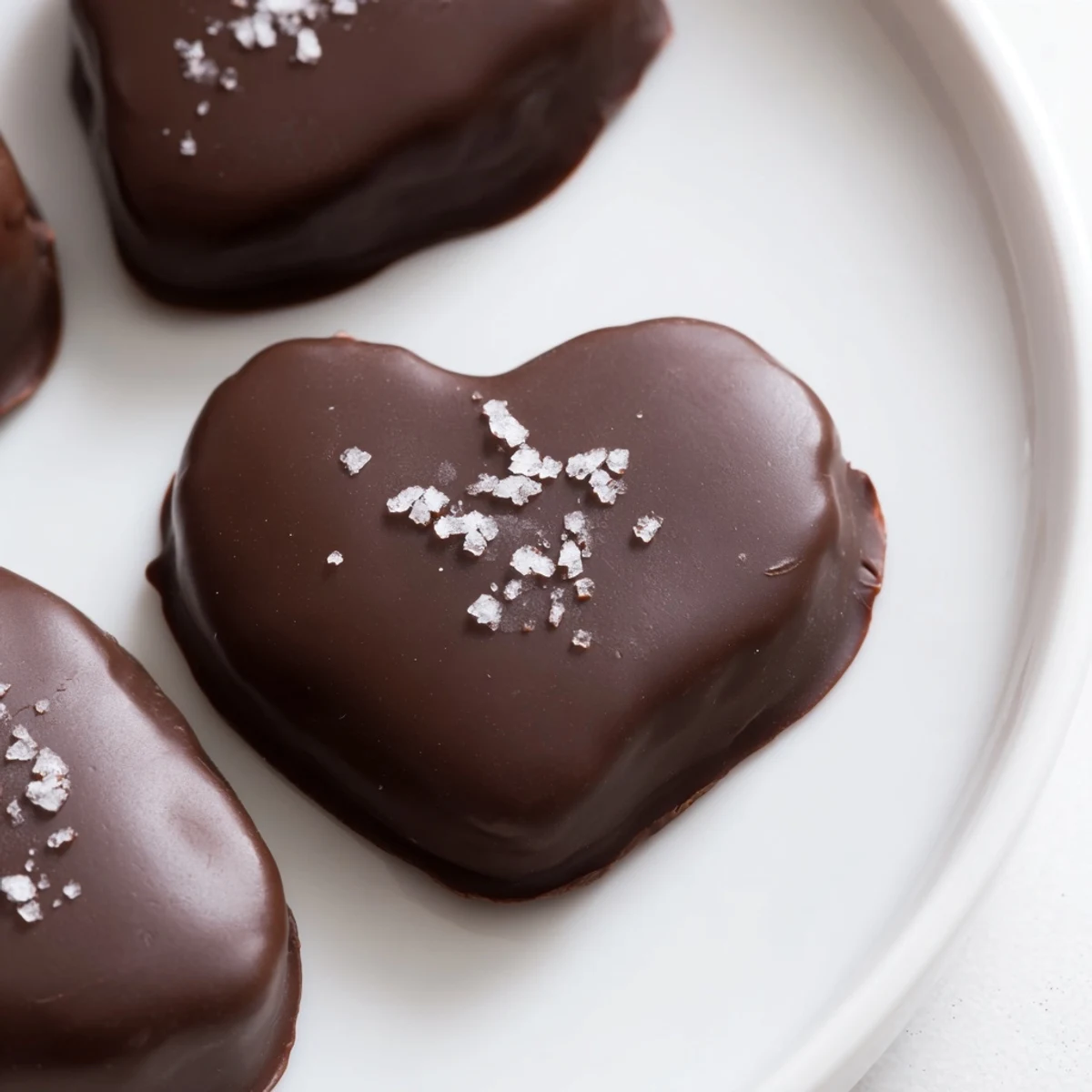 Freshly dipped Chocolate Peanut Butter Hearts with Sea Salt are arranged on parchment, a few cut in half to reveal the creamy filling.