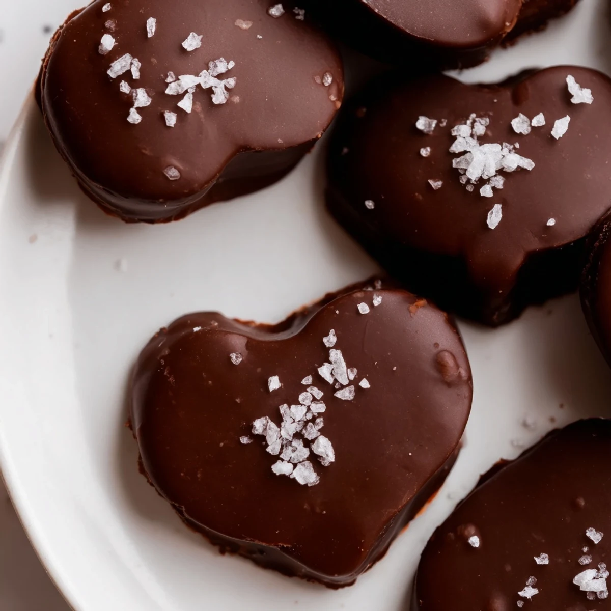 A close-up of Chocolate Peanut Butter Hearts with Sea Salt shows textured chocolate and sparkling salt crystals against a rustic wooden backdrop.