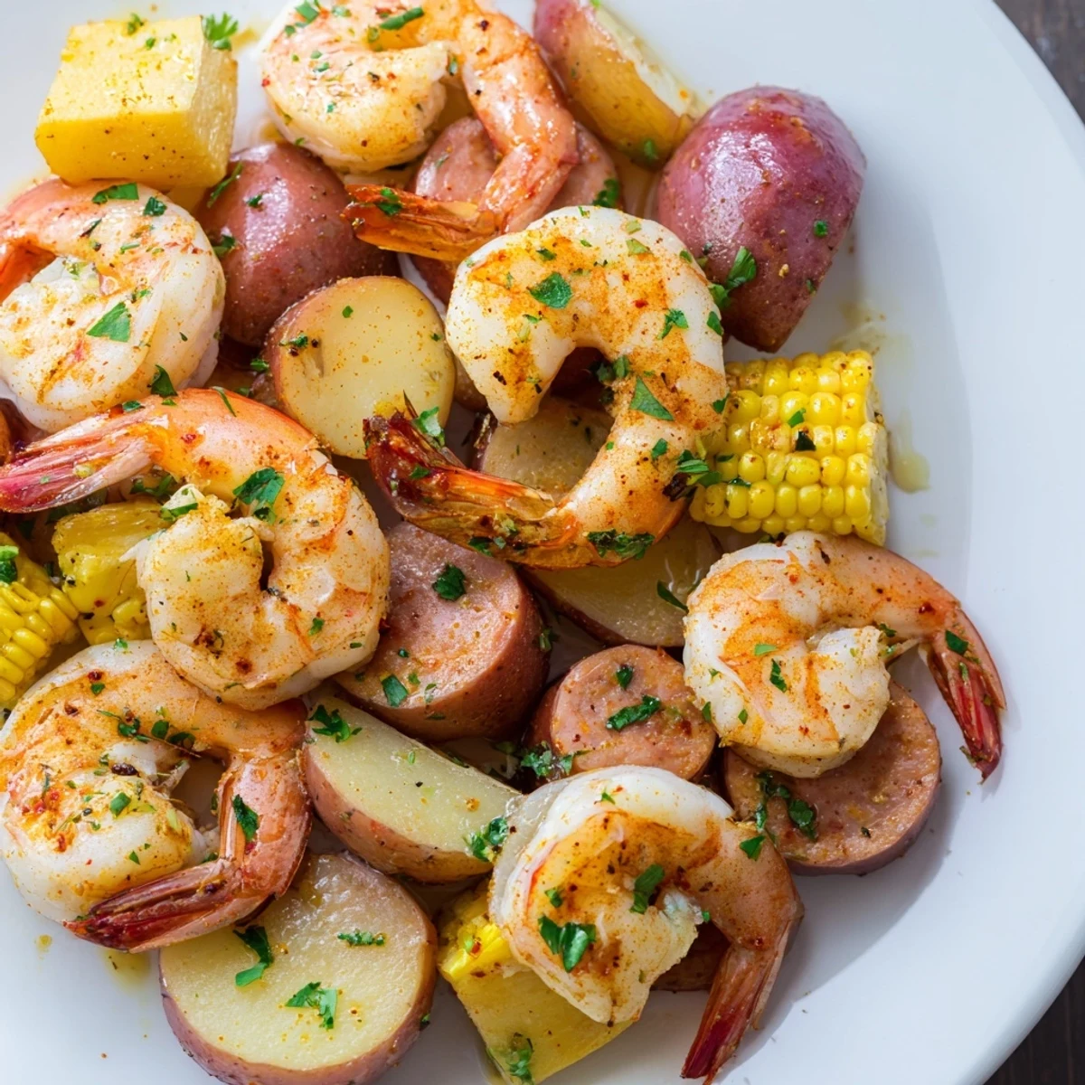 Festive Mardi Gras Shrimp Boil featuring juicy shrimp, smoky Andouille sausage, sweet corn, and tender potatoes in a rich broth.  