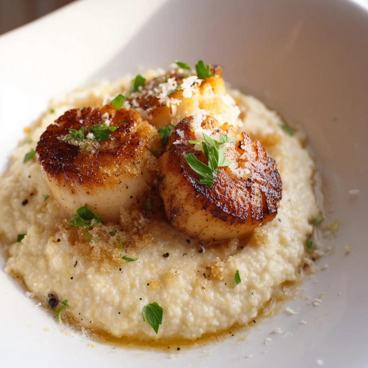 Golden-brown scallops with a seared crust resting on a bed of creamy, cheesy polenta, garnished with fresh herbs.