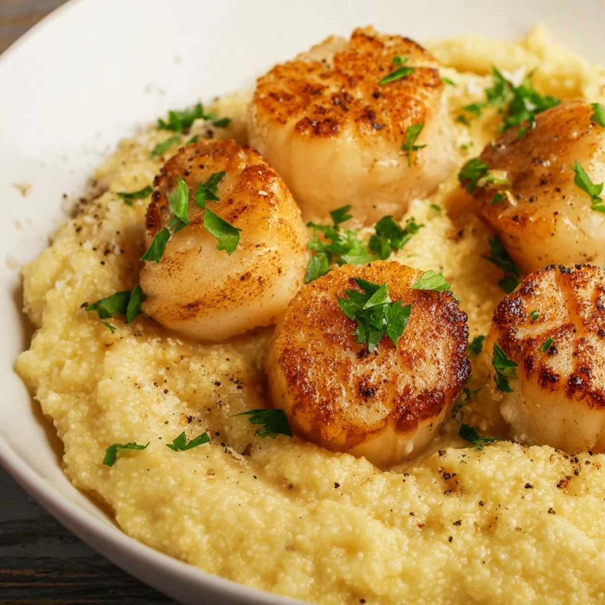 Pan Seared Scallops with Creamy Polenta served warm, featuring tender seafood atop rich, smooth Italian-American comfort food.