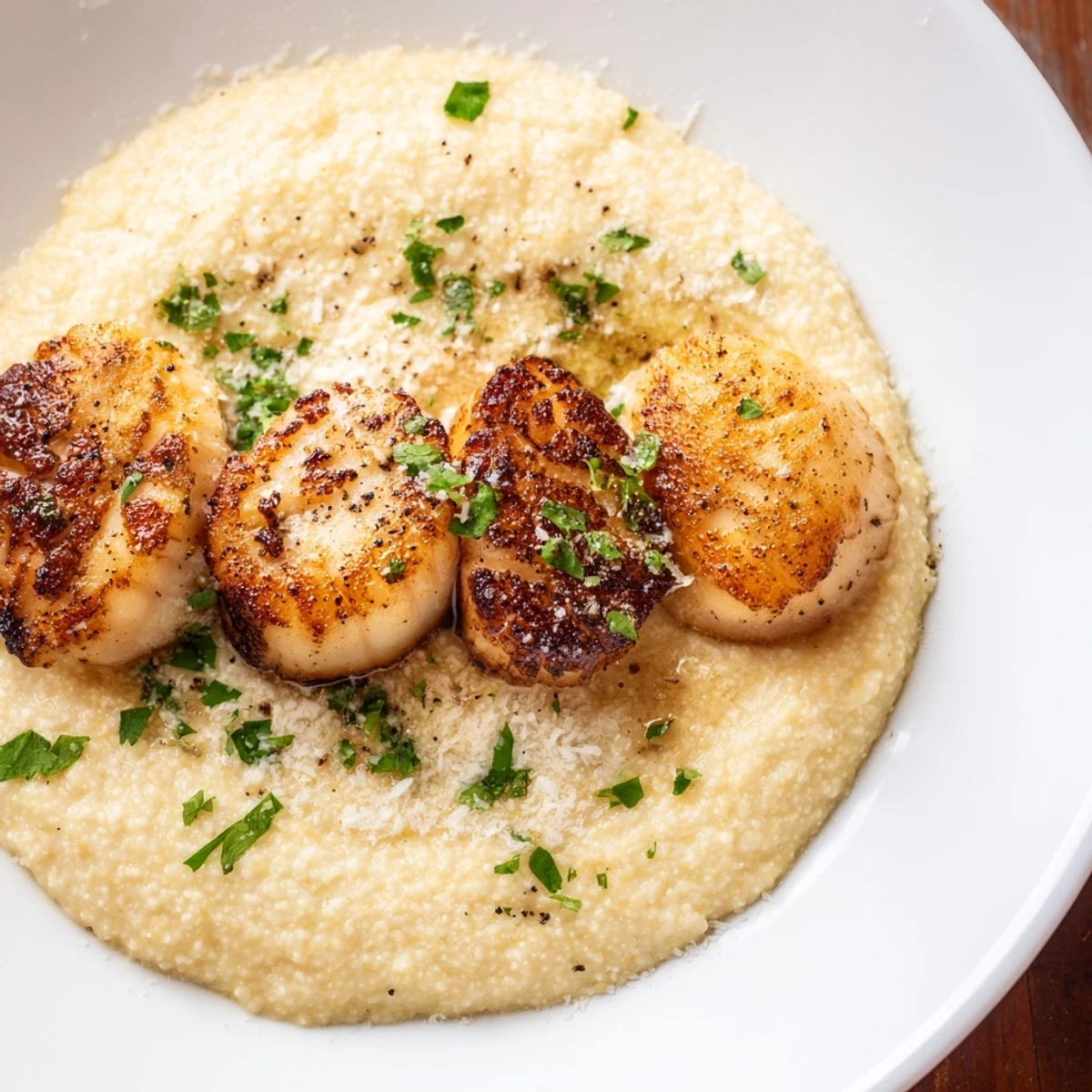 A close-up of succulent Pan Seared Scallops with Creamy Polenta, finished with chives and a squeeze of lemon.