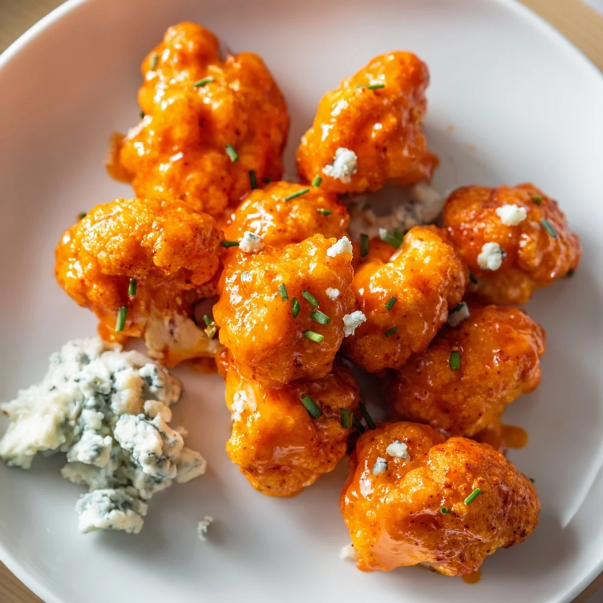 Spicy Buffalo Cauliflower Wings with Blue Cheese dip, served alongside crunchy carrot sticks on a white ceramic platter.
