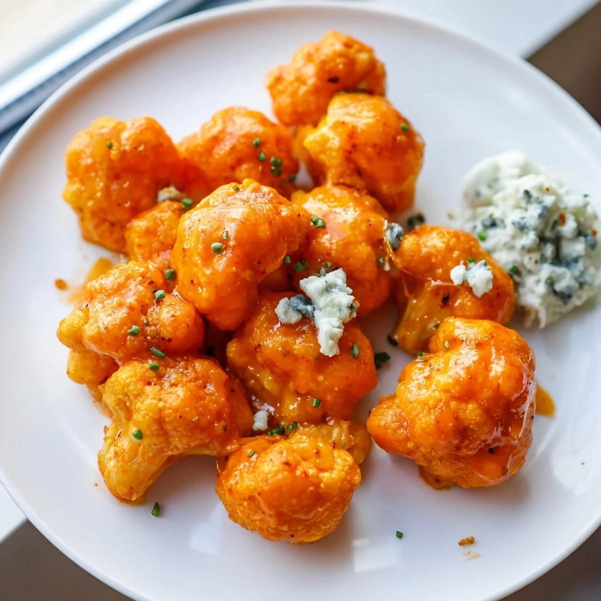 Golden-baked Buffalo Cauliflower Wings with Blue Cheese dip, garnished with fresh chives and crisp celery sticks on the side.