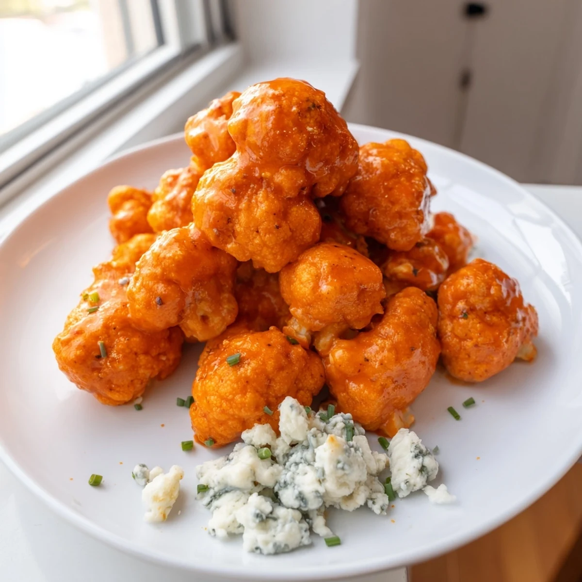 Crispy, saucy Buffalo Cauliflower Wings with Blue Cheese dip, perfect for a vegetarian game day appetizer spread.