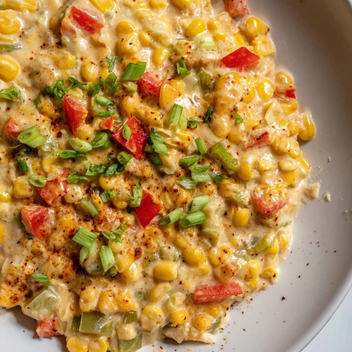 A close-up view of Creole Corn Maque Choux with Peppers, showcasing the rich, spicy cream sauce coating fresh corn and bell peppers.