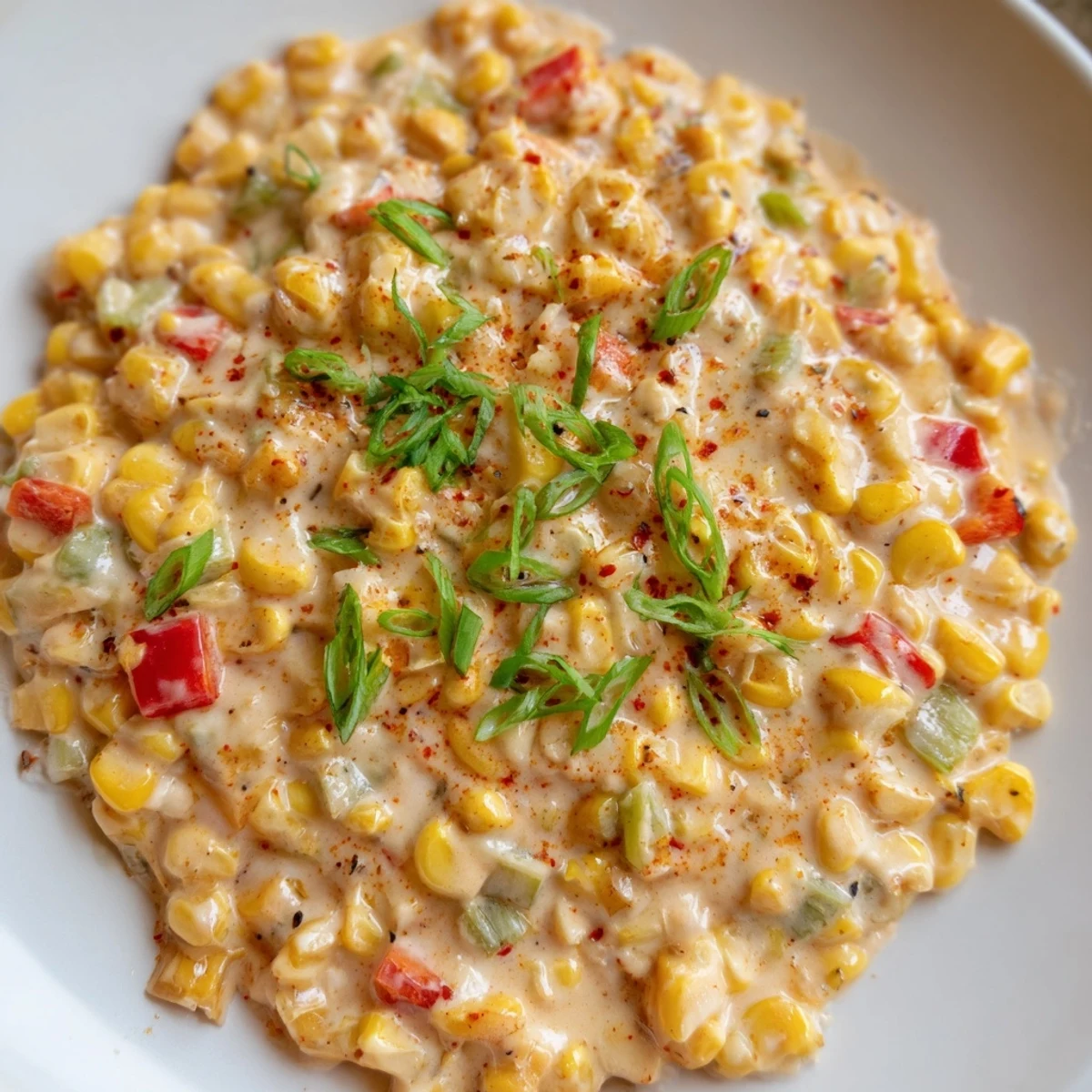 The vibrant Creole Corn Maque Choux with Peppers features golden kernels and creamy red and green peppers in a rustic skillet.