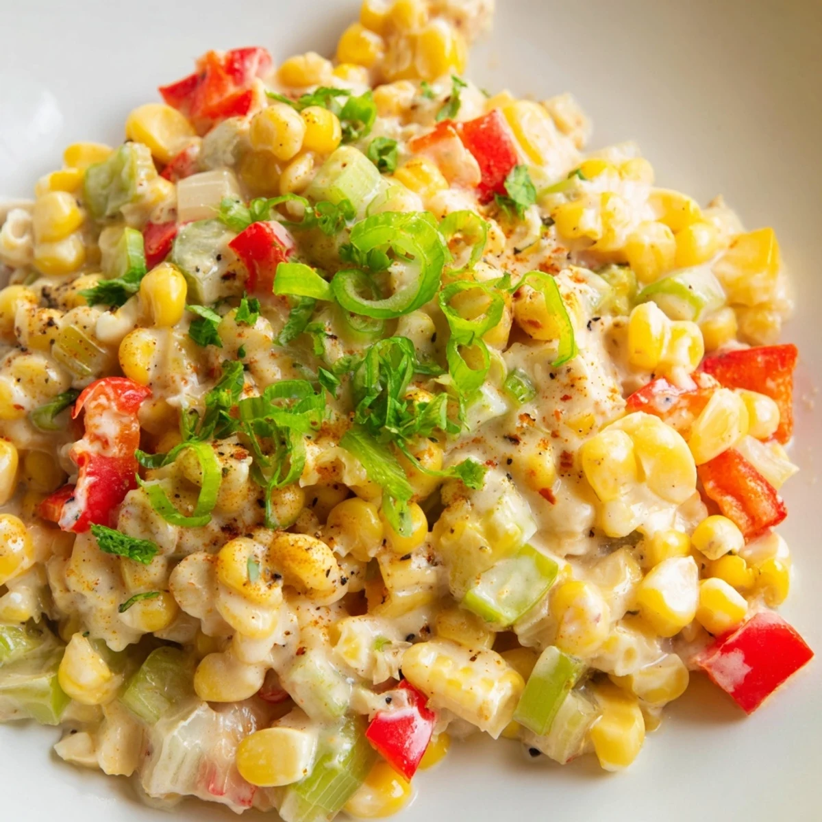 Homemade Creole Corn Maque Choux with Peppers served steaming hot, garnished with fresh parsley on a white ceramic dinner plate.