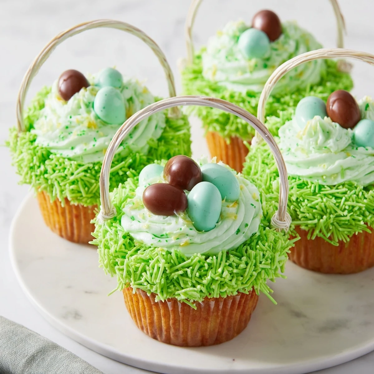 Twelve Easter Basket Cupcakes with coconut grass and candy eggs on a white platter.