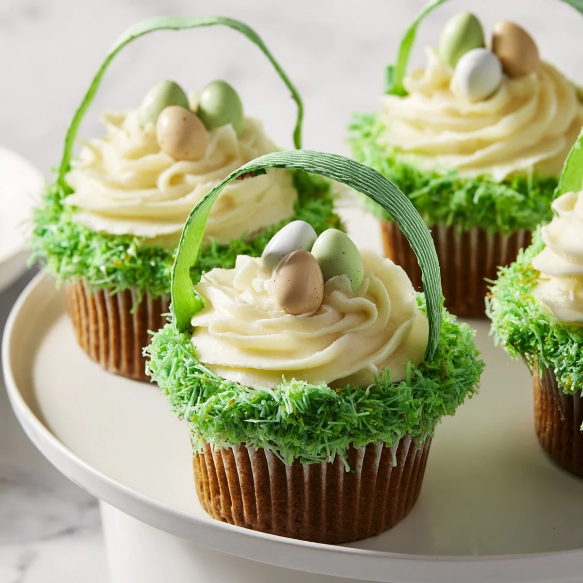 Festive Easter Basket Cupcakes topped with candy eggs and sweet green coconut grass.