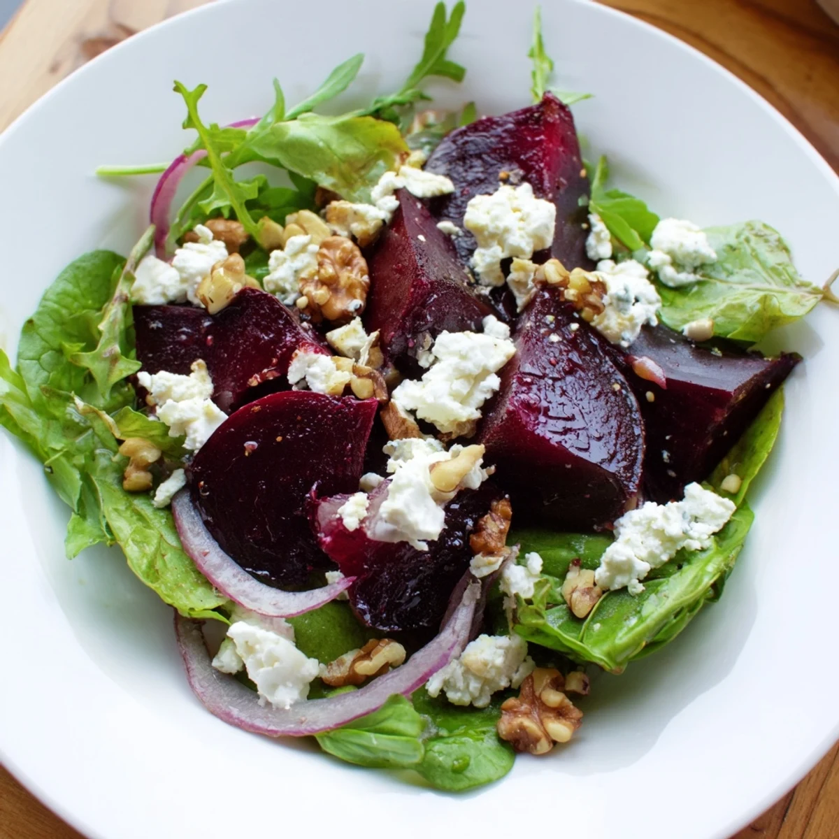 Tender roasted beets, creamy goat cheese, and crunchy walnuts top fresh greens in this vibrant Roasted Beet Salad.  