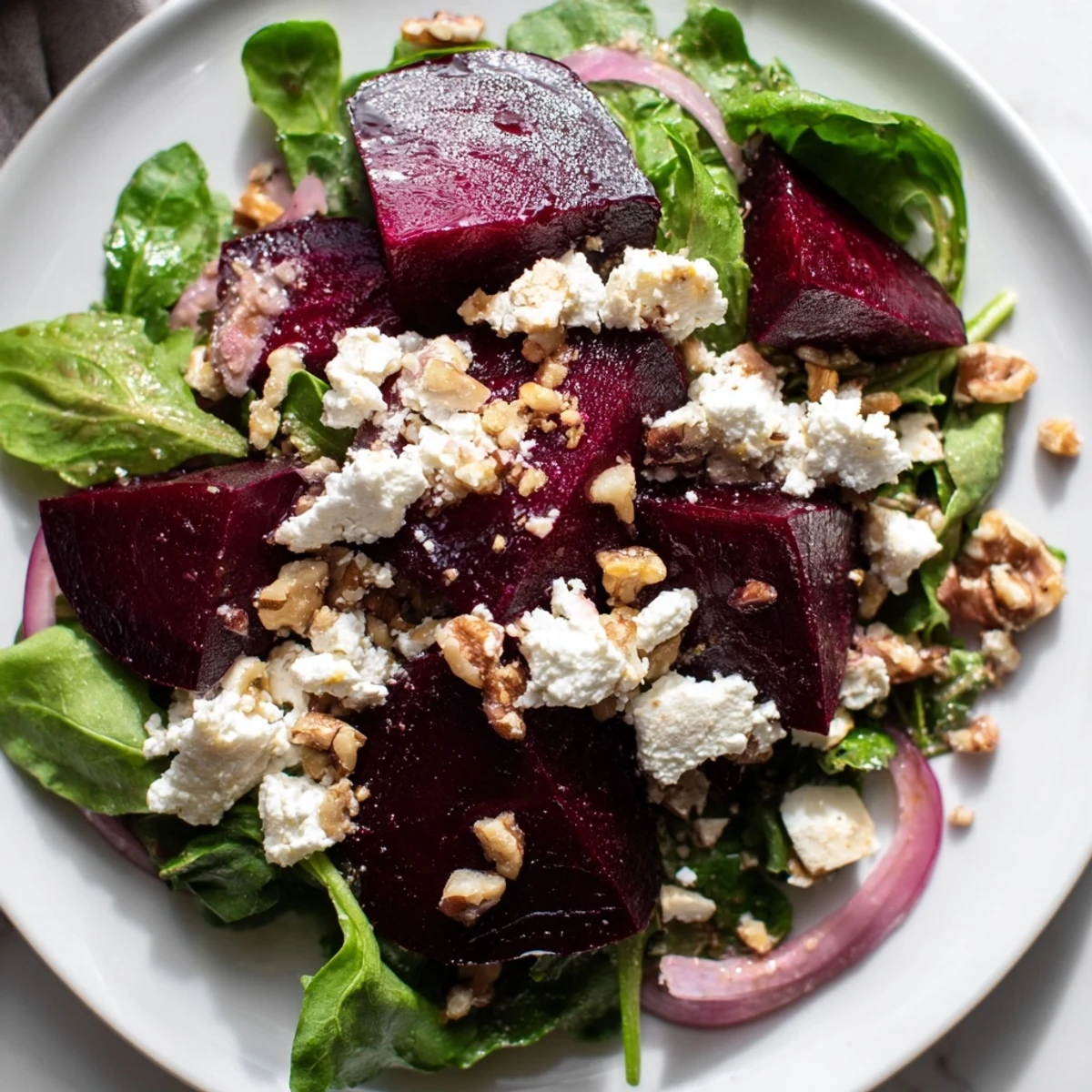 A platter of colorful Roasted Beet Salad with goat cheese crumbles and walnuts, drizzled with tangy balsamic vinaigrette.  