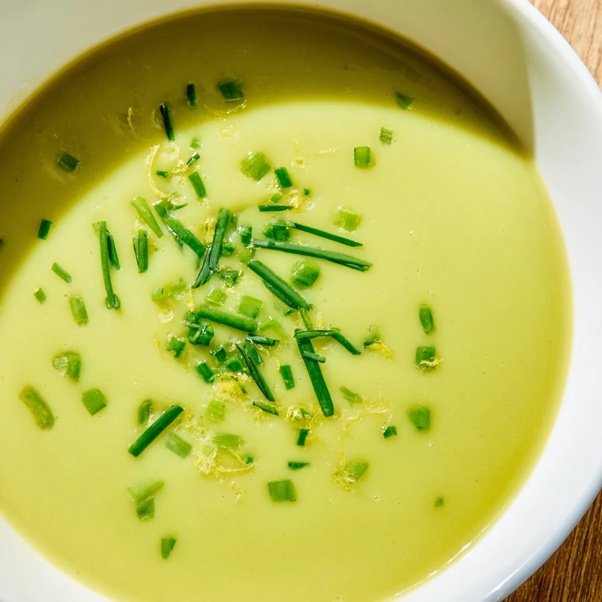 Bright green creamy asparagus soup with lemon, garnished with chives, served in a rustic ceramic bowl.  