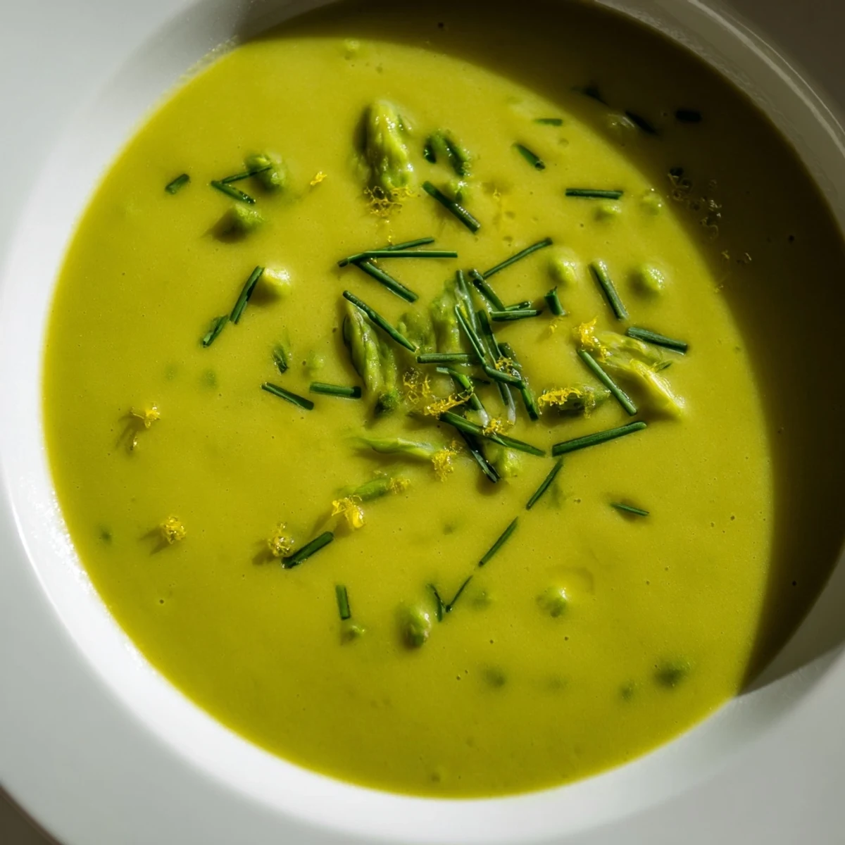 Velvety creamy asparagus soup with lemon and fresh herbs in a white bowl beside crusty bread.