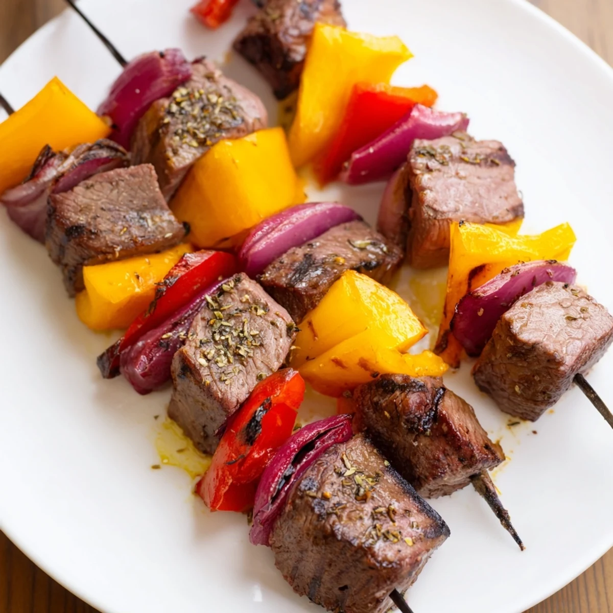 Sizzling beef kebabs with bell peppers and onions, charred from the grill and ready for a summer barbecue spread.