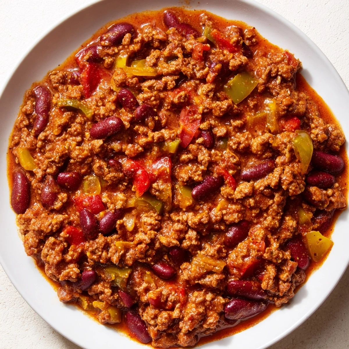A steaming bowl of Spicy Beef Chili with Kidney Beans is topped with sour cream and shredded cheese.