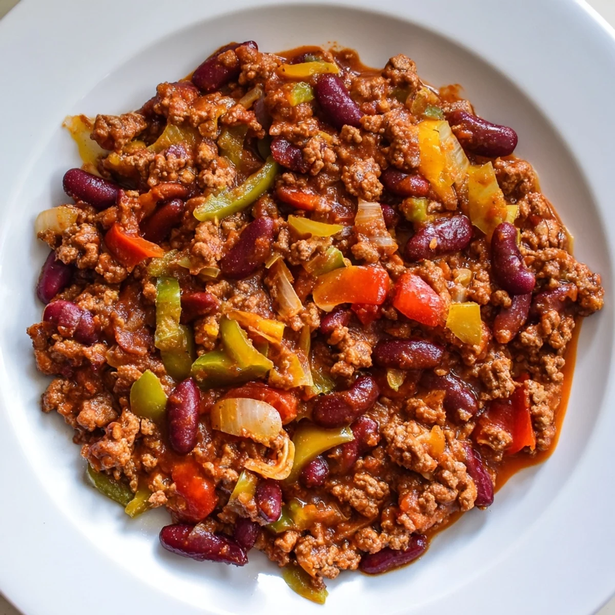 A hearty Spicy Beef Chili with Kidney Beans simmering in a pot, ready to be ladled into bowls.