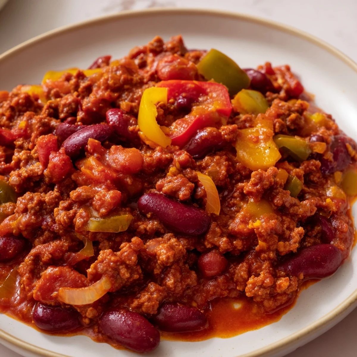 Close-up of Spicy Beef Chili with Kidney Beans in a rustic bowl, garnished with fresh cilantro and lime wedges.