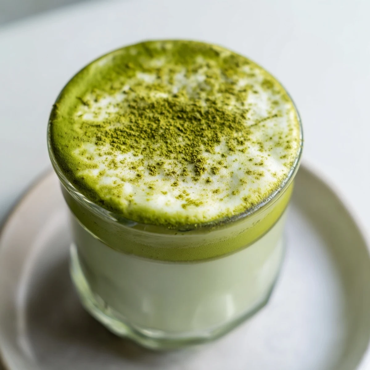 Steaming green matcha latte with almond milk in a glass mug, topped with delicate foam.  