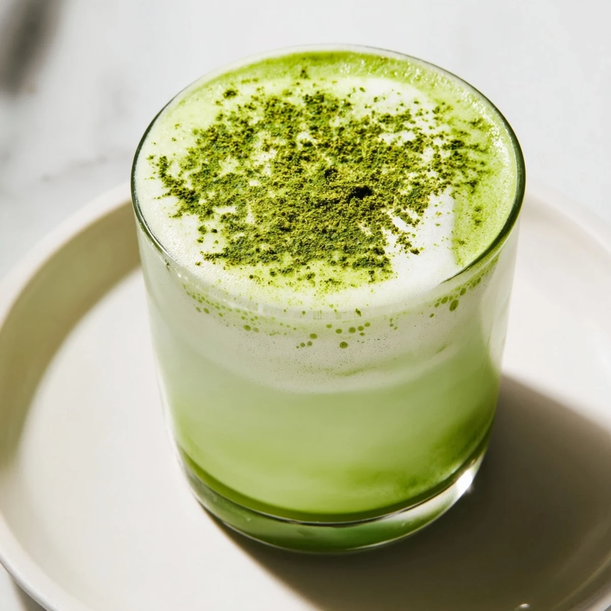 A vibrant green matcha latte in a clear glass, showcasing creamy almond milk layers.  