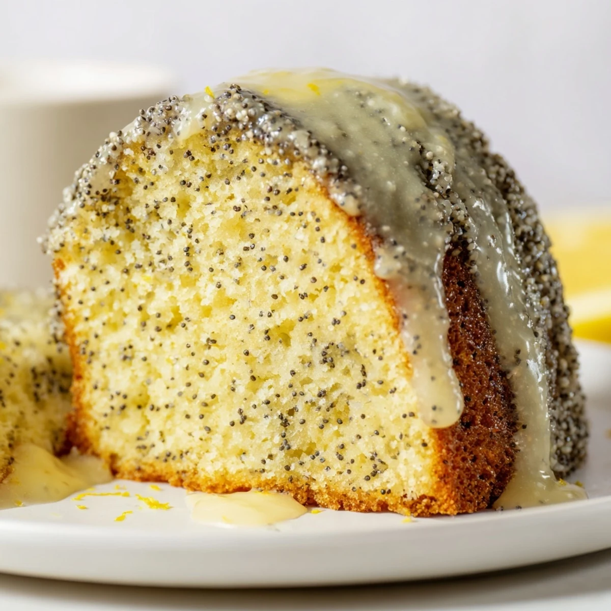 Bright slices of Lemon Poppy Seed Bundt Cake are plated on a pastel saucer, showcasing the moist crumb speckled with dark poppy seeds.