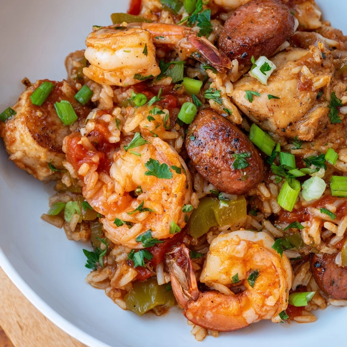 Festive Mardi Gras Jambalaya with Chicken and Shrimp features tender meat and succulent seafood simmered in a rich, spicy Creole sauce.