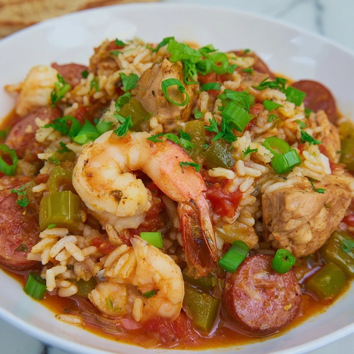 A hearty serving of Mardi Gras Jambalaya with Chicken and Shrimp is piled high on a plate with fluffy rice and garnished with fresh parsley.
