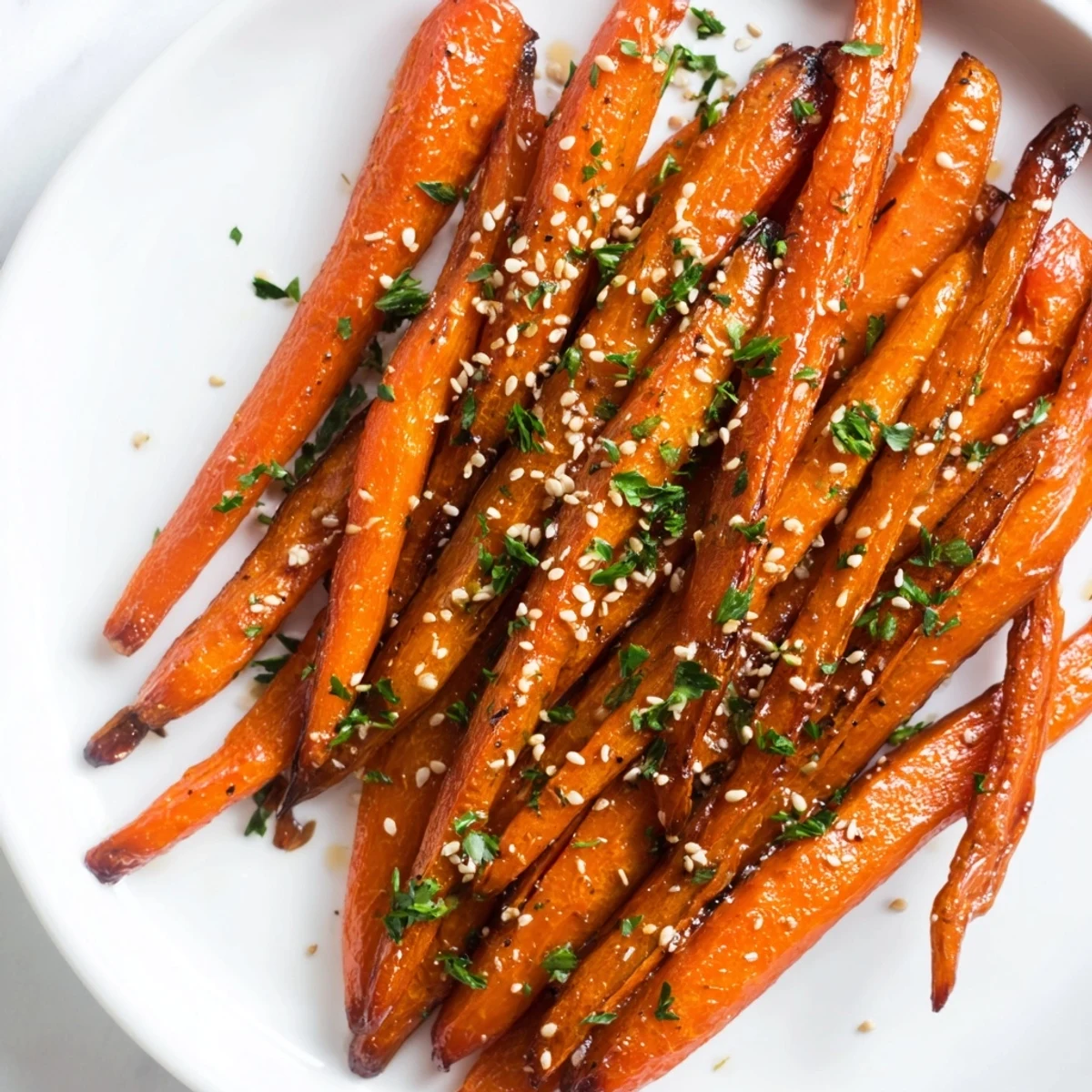 Roasted Carrots with Maple and Cumin glistening with a sticky, caramelized glaze on a rustic serving platter.