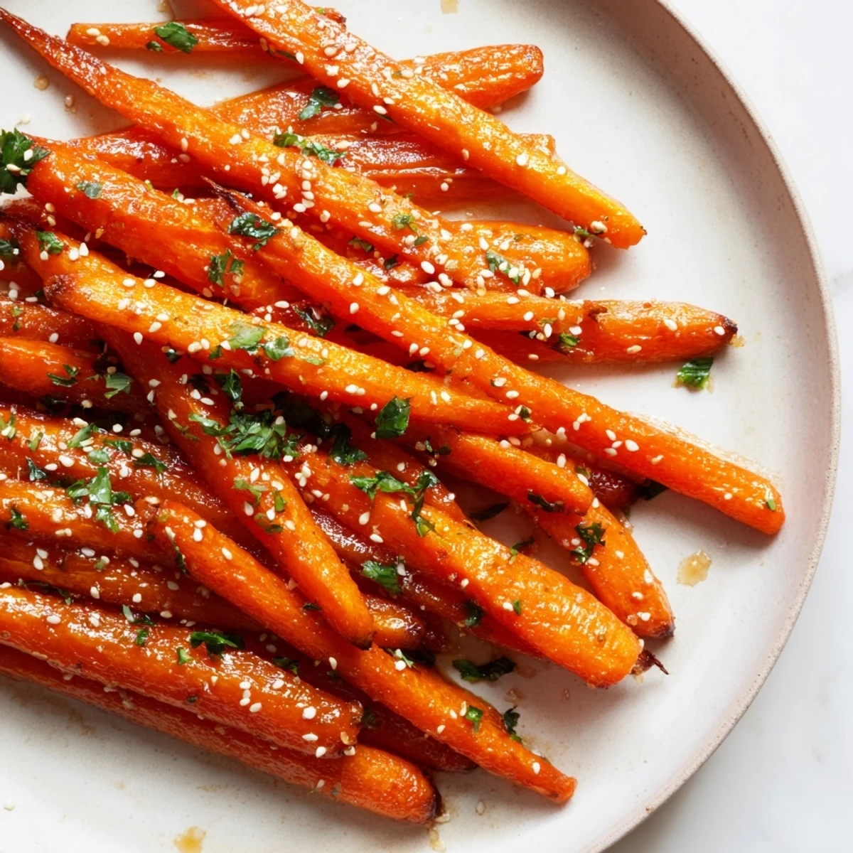 Tender roasted carrots with maple and cumin, garnished with fresh parsley and toasted sesame seeds.