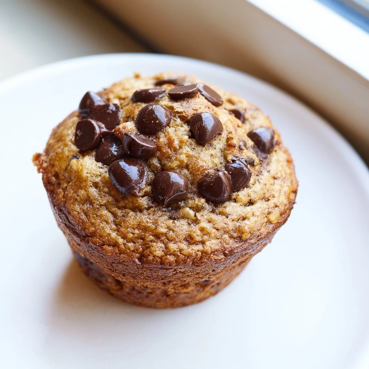 Freshly baked Chocolate Chip Banana Bread Muffins with a moist crumb and melty chocolate chips on top.