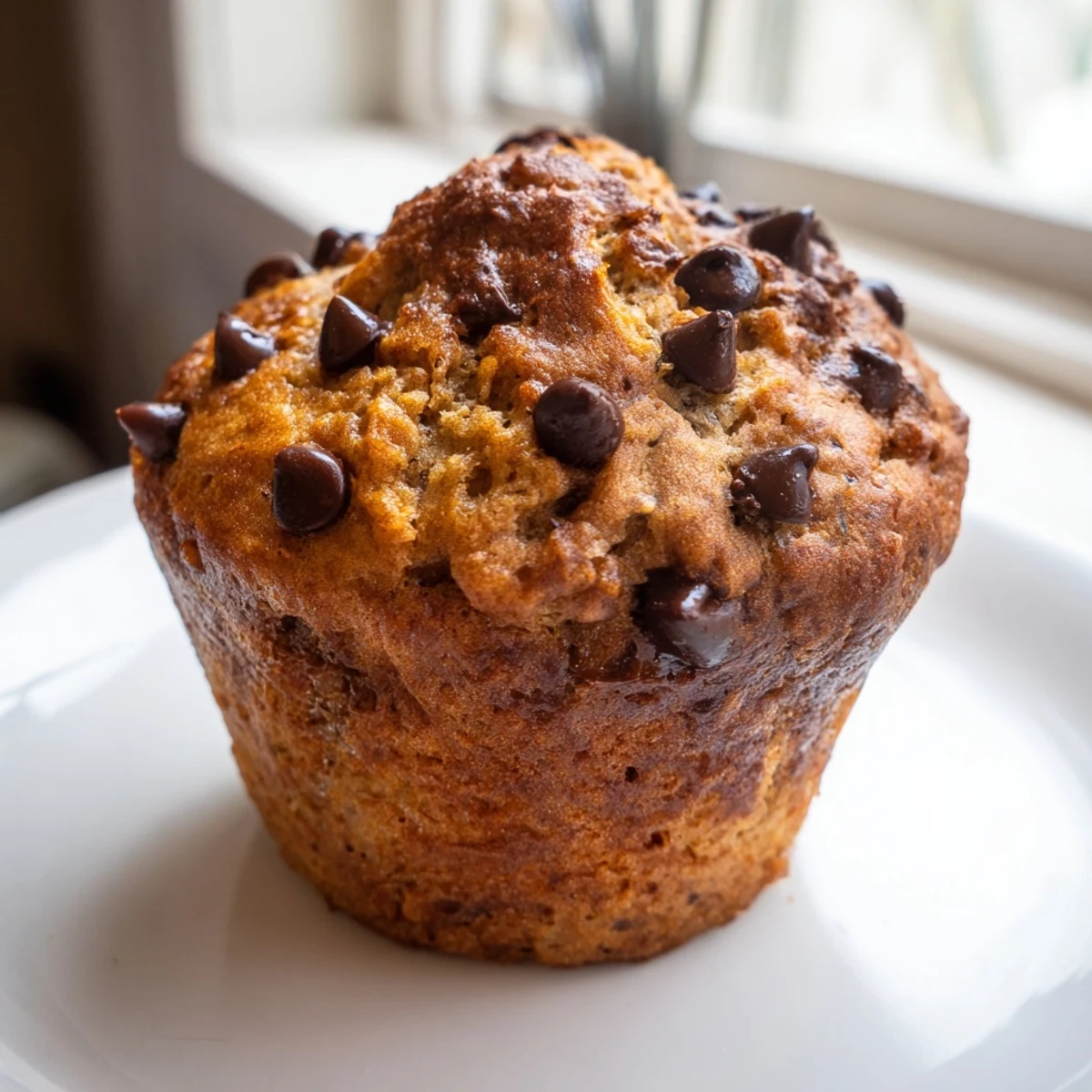 Golden-brown Chocolate Chip Banana Bread Muffins sitting on a cooling rack with banana slices nearby.