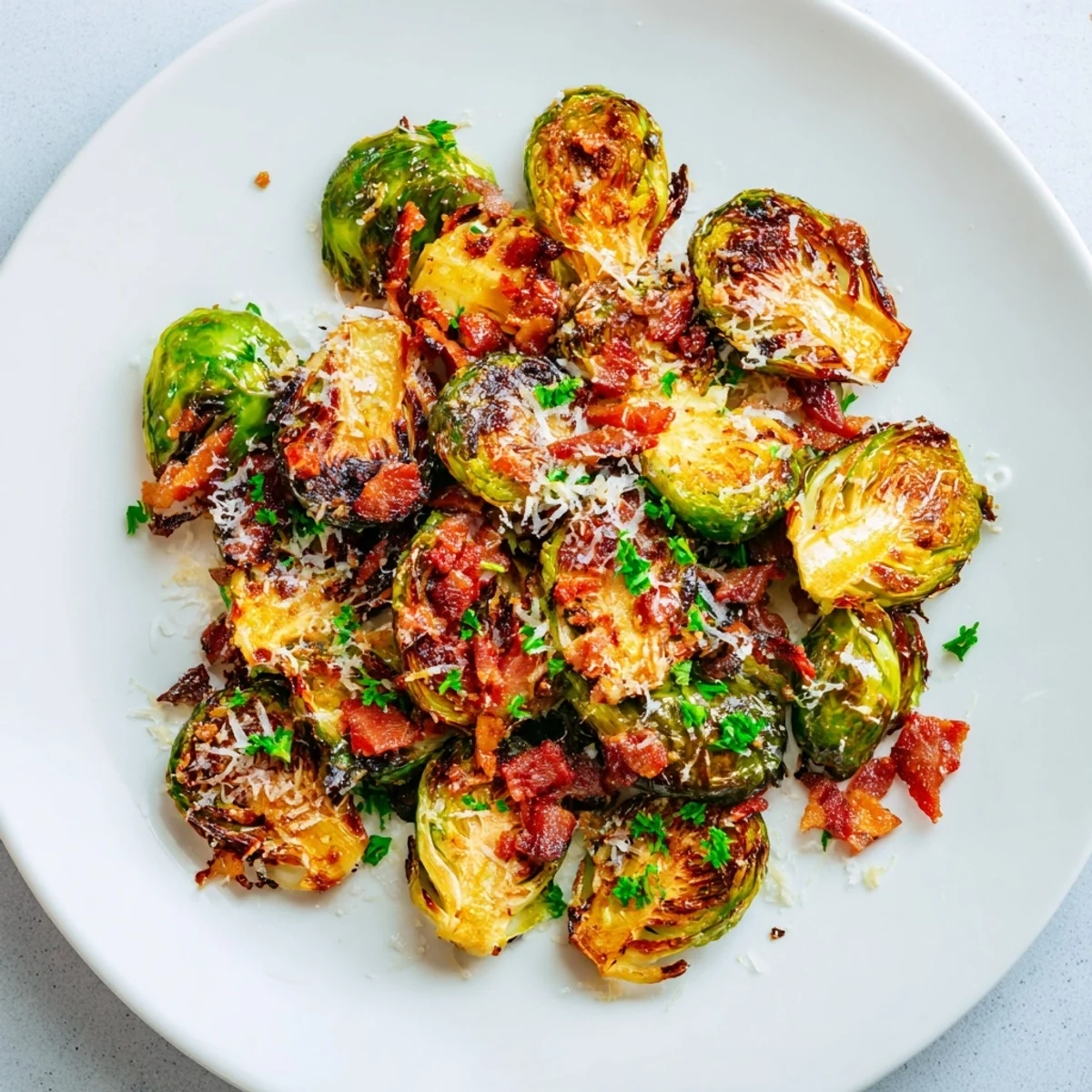 Crispy Roasted Brussels Sprouts with Turkey Bacon paired with roasted chicken on a rustic wooden table.