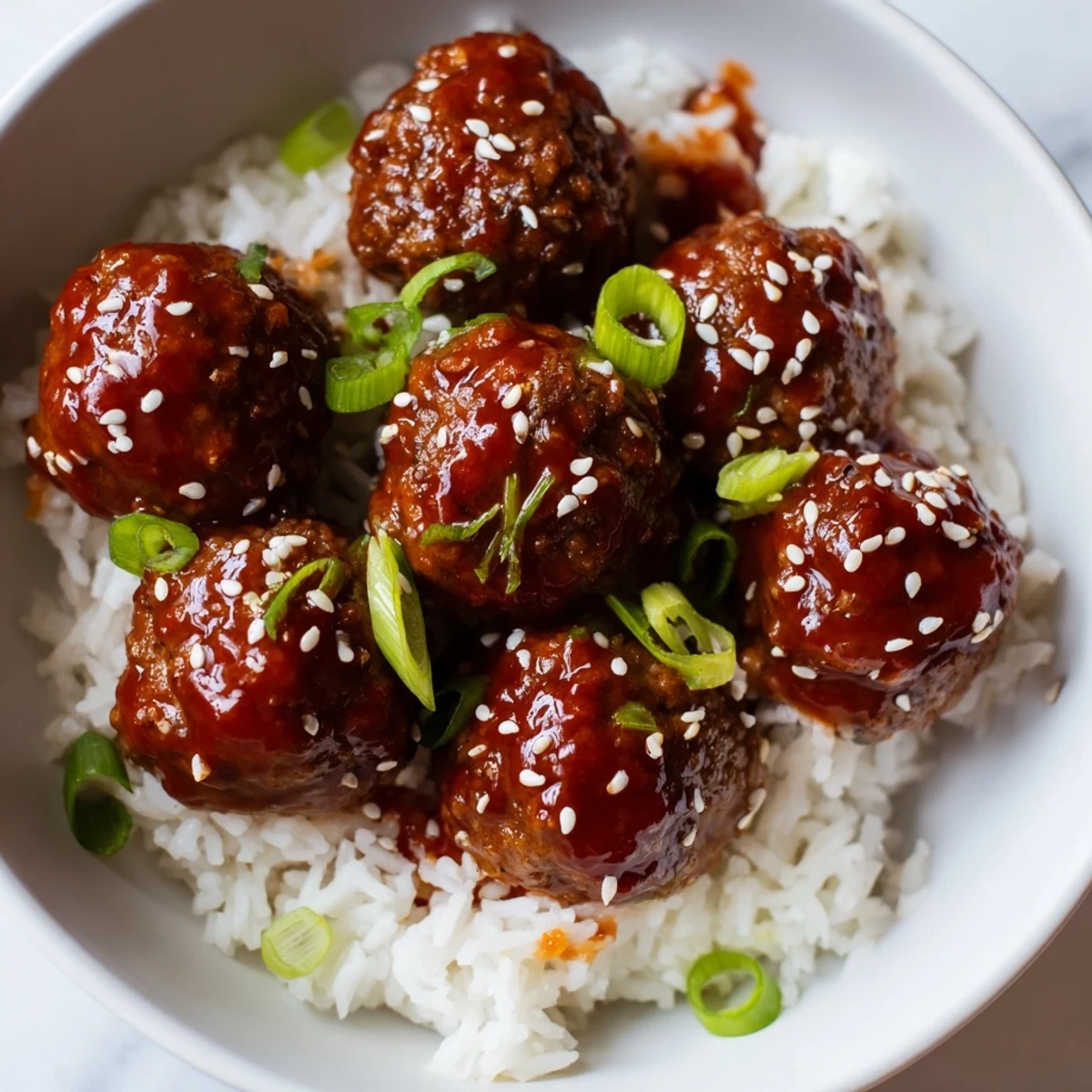 Close-up of Spicy Sriracha Beef Meatballs with Rice glistening in a glossy glaze, served over fluffy jasmine rice.