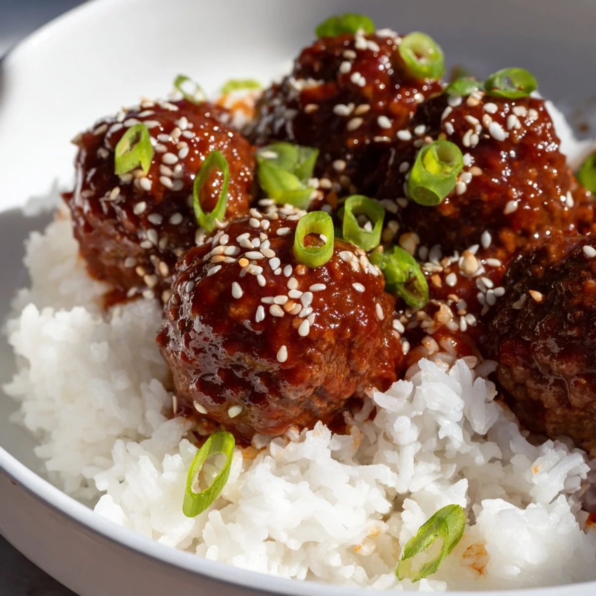 Steam rises from Spicy Sriracha Beef Meatballs with Rice as they sit on a plate with a drizzle of sauce.