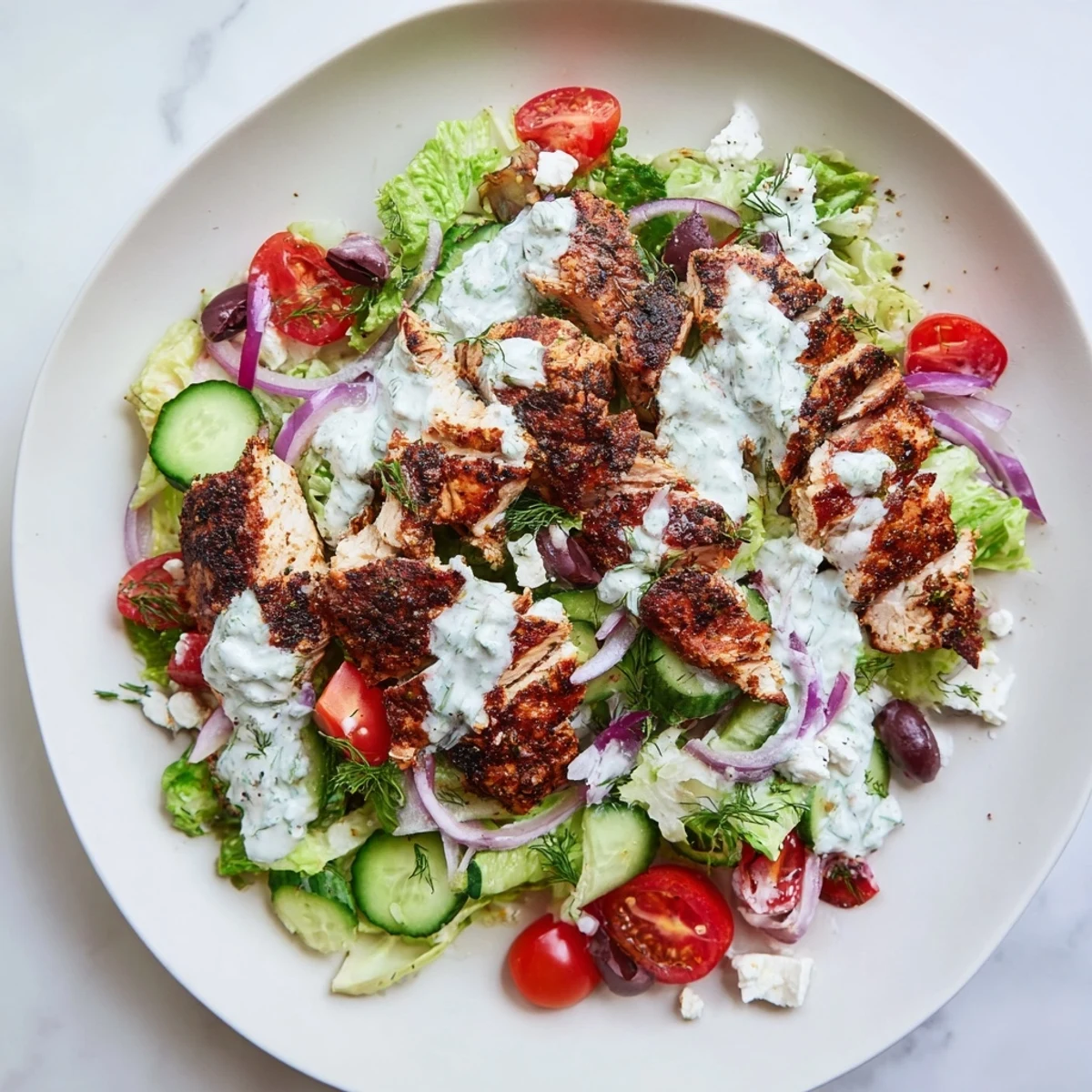 Golden-brown marinated chicken strips rest atop warm brown rice, beside vibrant cherry tomatoes, crisp cucumbers, and sliced Kalamata olives in a Greek Chicken Gyro Bowl.