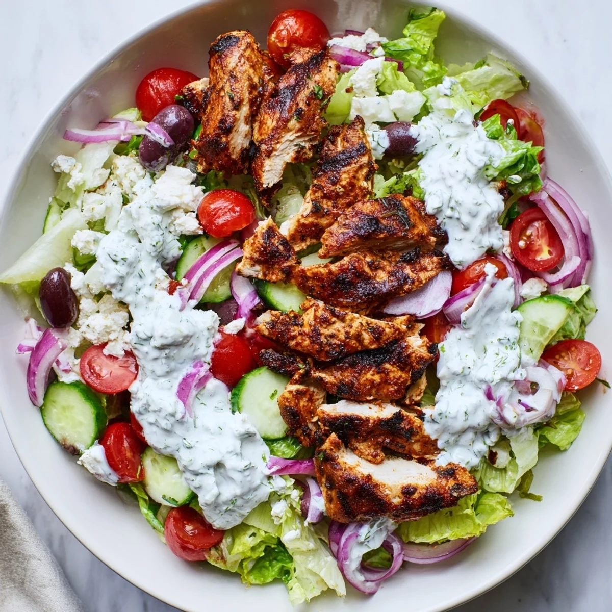 A close-up of Greek Chicken Gyro Bowls features creamy homemade tzatziki drizzled over tender meat and crumbled feta, with fresh dill and lemon wedges nearby.