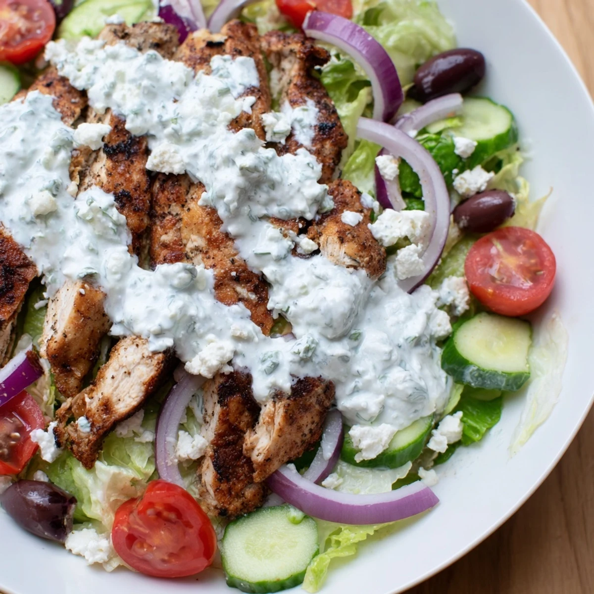 Ready-to-serve Greek Chicken Gyro Bowls showcase colorful veggies, savory chicken, and a cool tzatziki sauce, perfect for a healthy Mediterranean-inspired dinner at home.