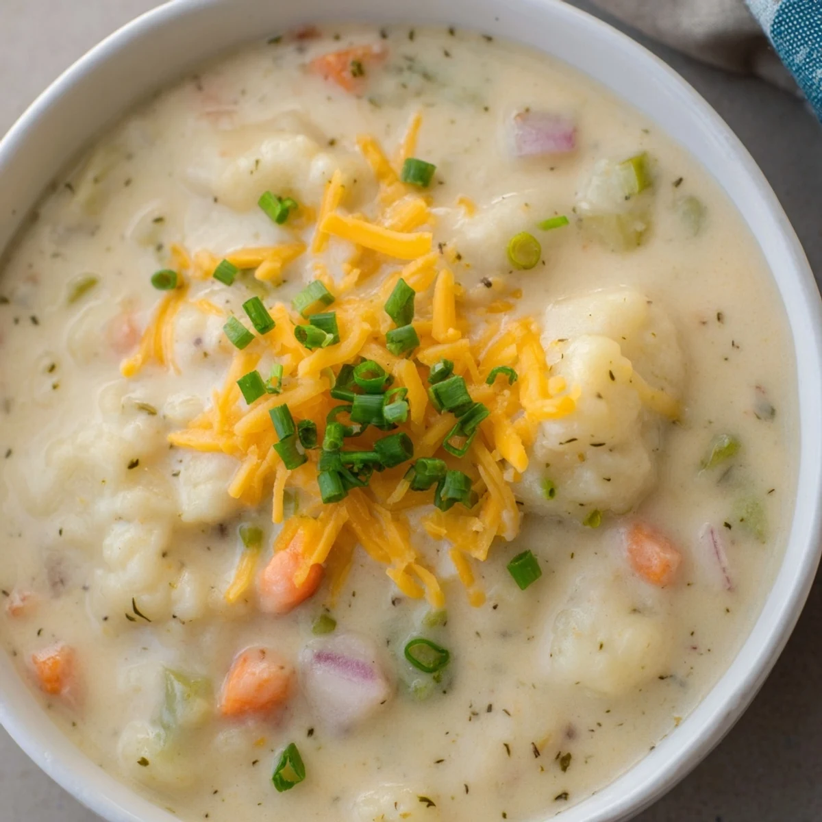 A spoon dips into creamy cheddar cauliflower chowder served alongside crusty artisan bread for dipping.