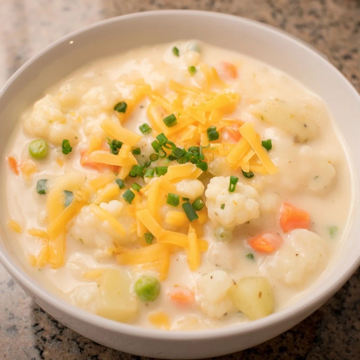 Steam rises from a warm bowl of Creamy Cauliflower Chowder with Cheddar, topped with fresh chives.