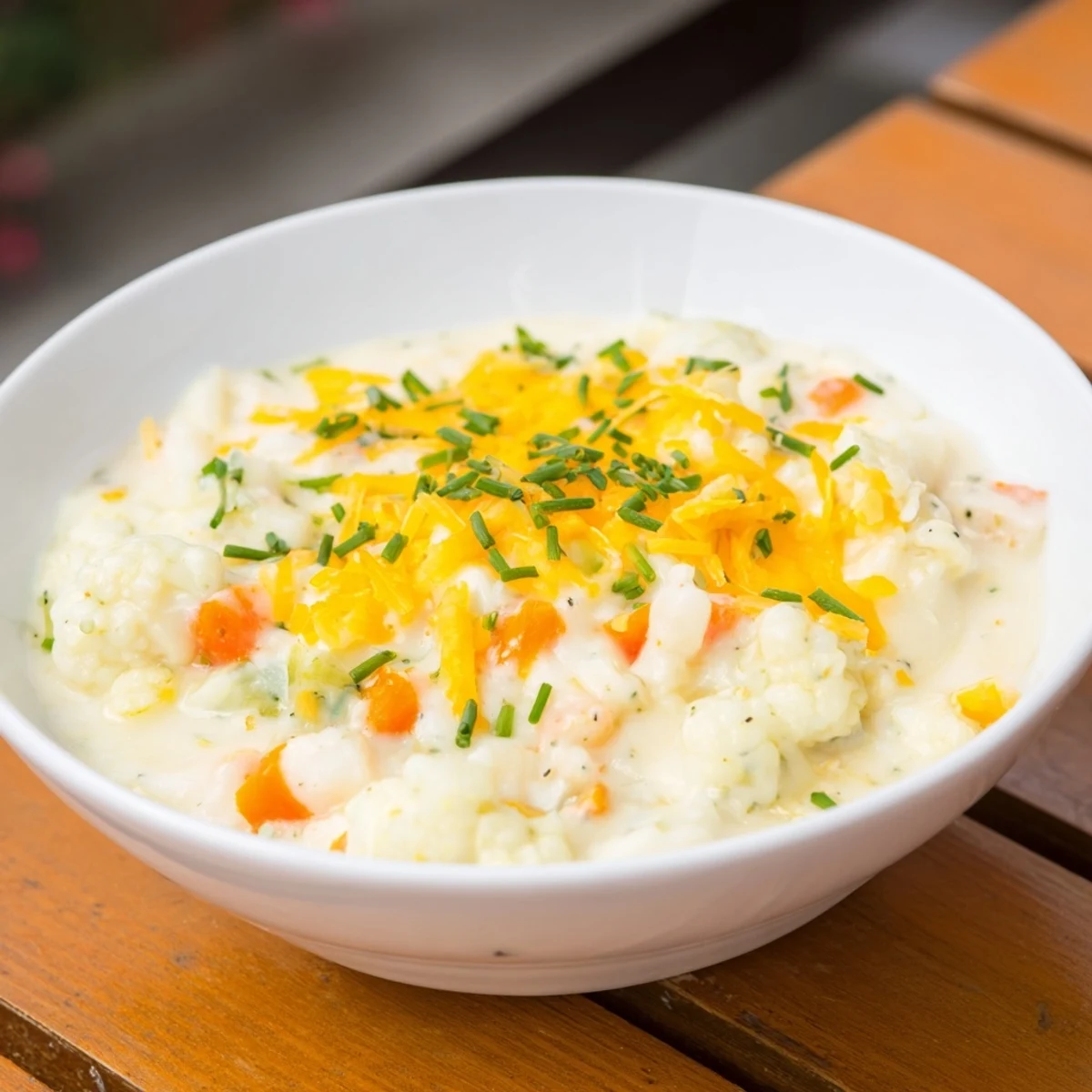 In a rustic kitchen, Creamy Cauliflower Chowder with Cheddar simmers in a pot with carrots and celery.