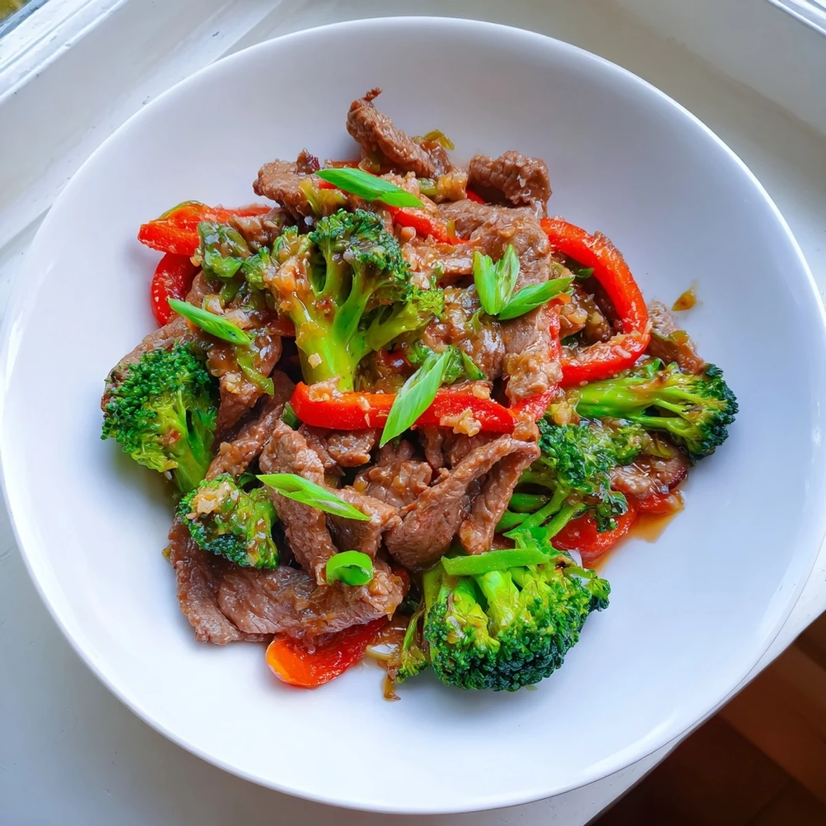 Tender beef strips and bright green broccoli coated in a glossy ginger sauce in a classic beef and broccoli stir fry.