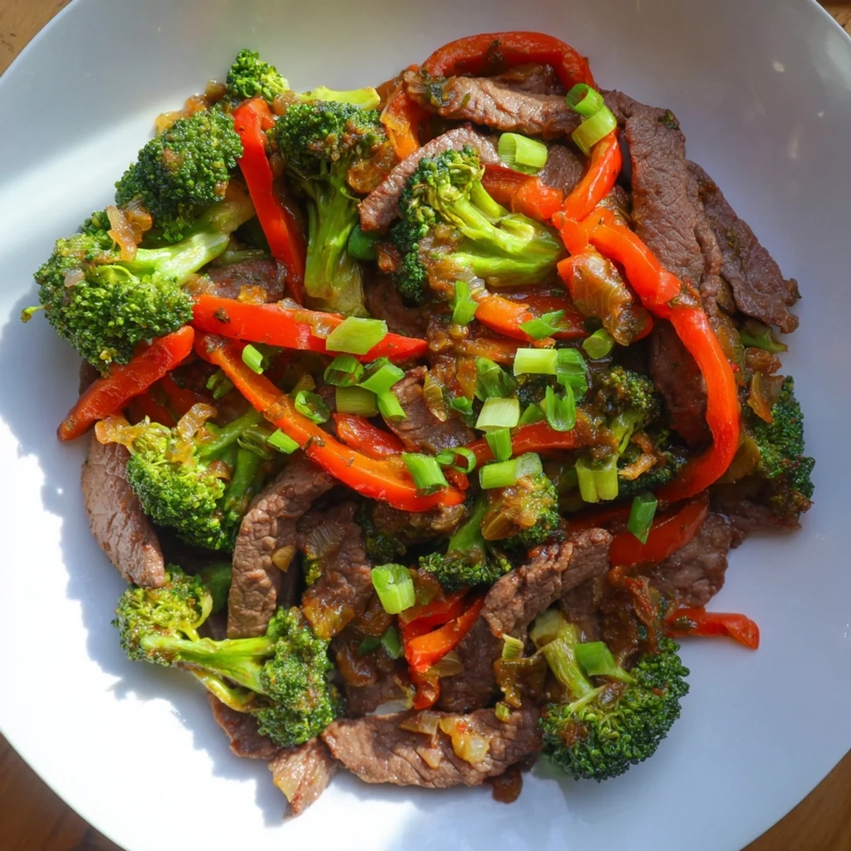 A close-up of a skillet holding sizzling beef and crisp broccoli in a rich ginger sauce for beef and broccoli stir fry.