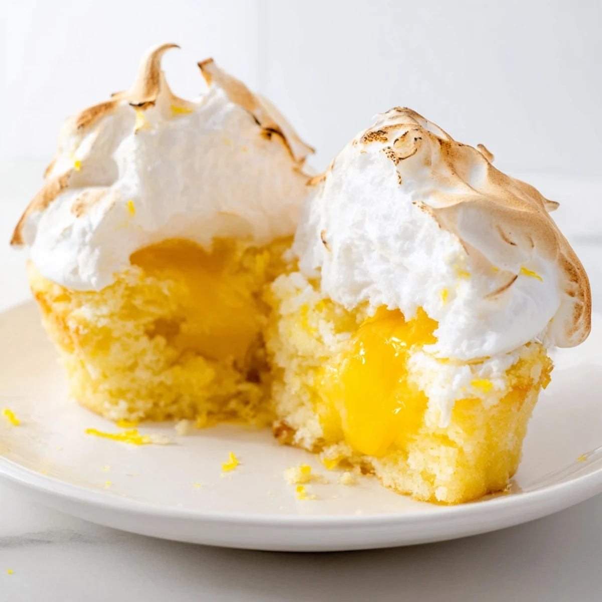 Close-up of Lemon Meringue Cupcakes showing fluffy meringue swirls and bright lemon curd filling.