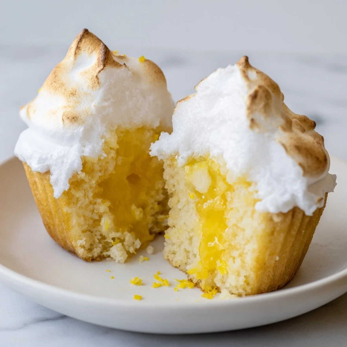 Warm Lemon Meringue Cupcakes with broiled topping beside a chilled glass of lemonade on a table.