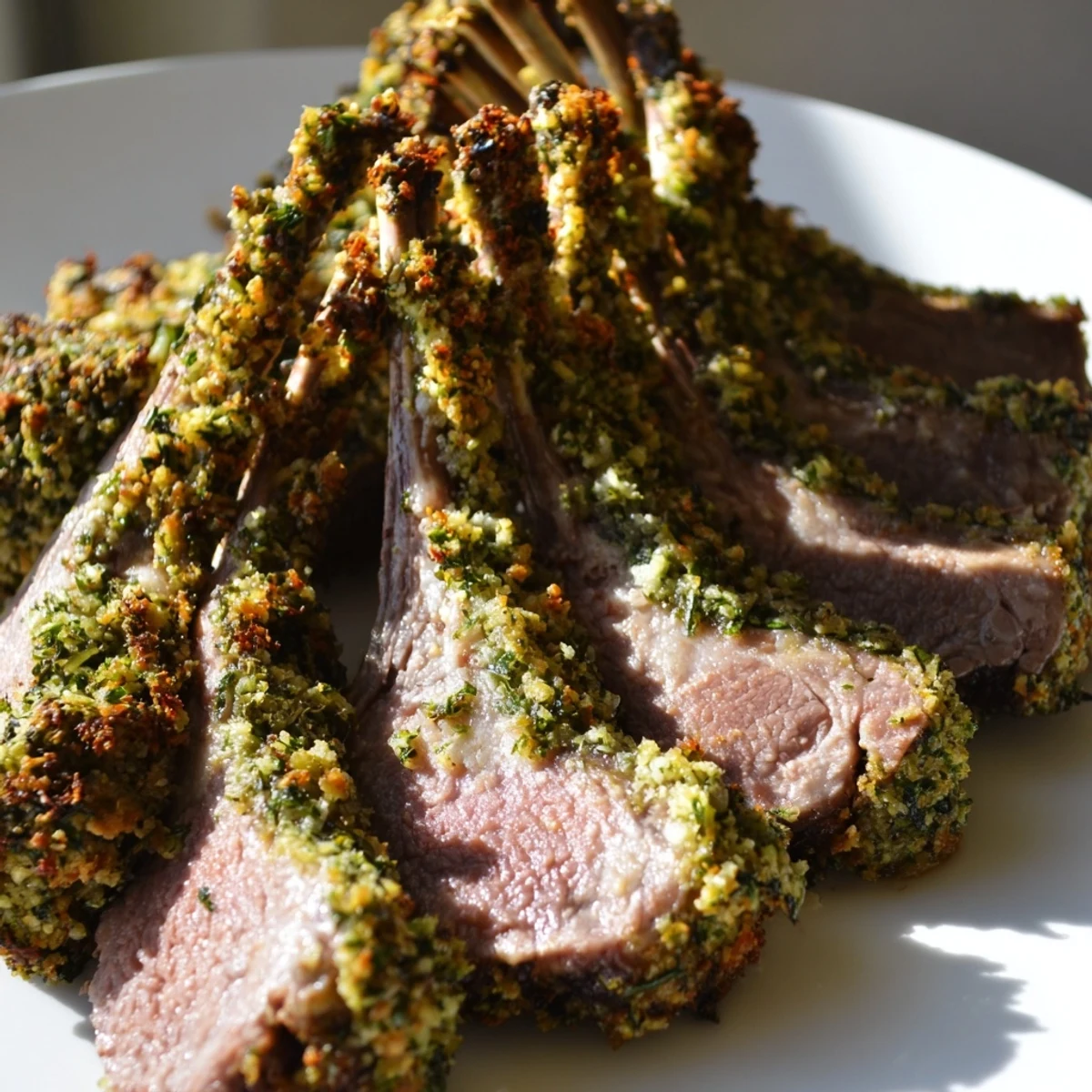 Roasted lamb rack served with a crispy herb crust, sliced into chops beside roasted vegetables on a platter.