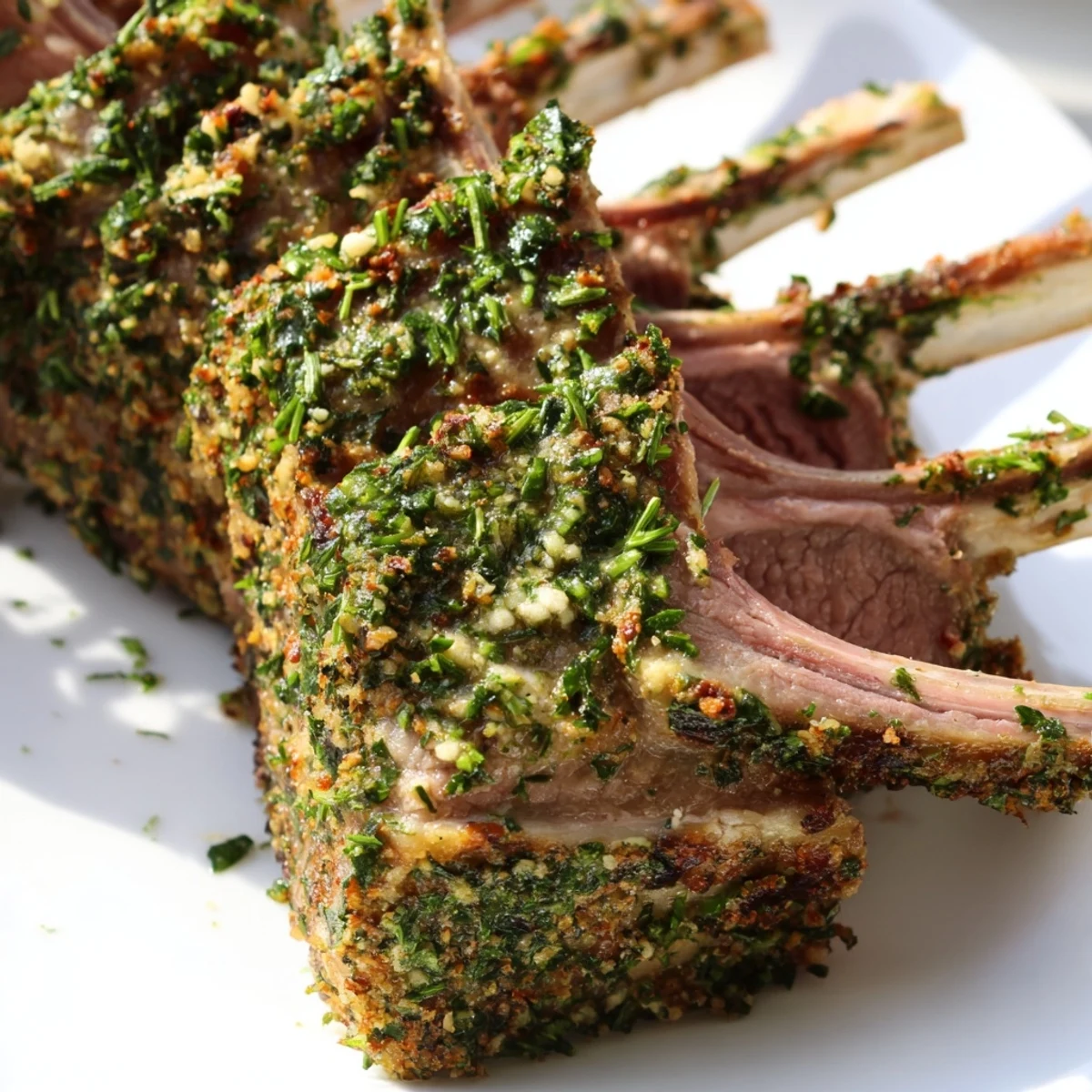 Golden-brown roasted lamb rack with a fragrant herb crust, resting on a skillet for a special occasion dinner.
