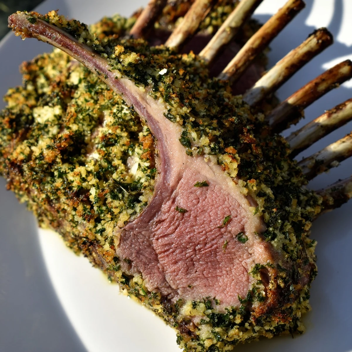 A juicy roasted lamb rack with herb crust garnished with fresh rosemary, perfect for a festive French main dish.